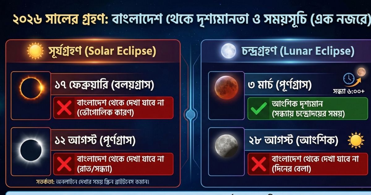 ২০২৬ সালের সূর্য ও চন্দ্র গ্রহণ বাংলাদেশ সময় ও বিস্তারিত সময়সূচি